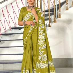 KALINI Floral Printed Border Block Print Saree With Blouse Piece-12