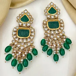 Zeviel Contemporary Gold-Plated Stones Studded & Beaded Triangular Shaped Drop Earrings-picture-14