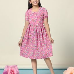 YK Floral Print Puff Sleeve Crepe Fit & Flare Dress-35