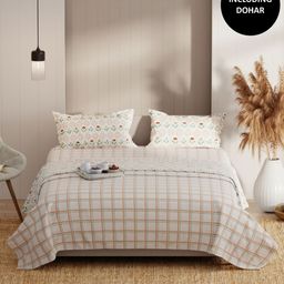 KOPA Beige & Red 4 Pcs Checked Cotton Queen Comforter & Bedsheet 2 Pillow Covers-29