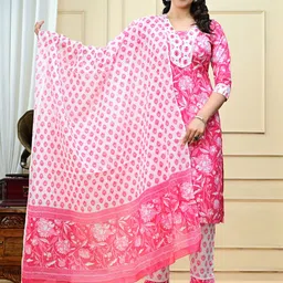 SHOOLIN Women Floral Printed Regular Gotta Patti Pure Cotton Kurta with Trousers & With Dupatta-image-38