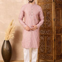 House of Pataudi Embroidered Sequin Mandarin Collar Straight Kurta-image-82