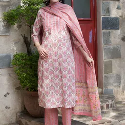 BANDIA Women Floral Printed Regular Sequinned Pure Cotton Kurta & Trousers & Dupatta-image-75