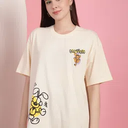 Metronaut Women Garfield Graphic Printed Round Neck Cotton Oversized T-shirt-picture-0