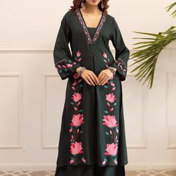 DIVASTRI Floral Printed V-Neck Thread Work A-Line Kurta With Palazzo-picture-11