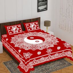 Aura Red & White Ethnic Motifs 144 TC Queen Bedsheet with 2 Pillow Covers-picture-0