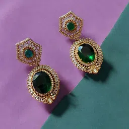 House of Pataudi Gold-Plated Artificial Stone-Studded Teardrop Shaped Drop Earrings-image-14
