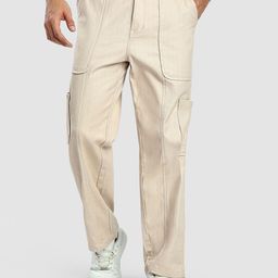 Beyoung Men Beige Side Elasticated Original Baggy Wrinkle Free Pleated Cargos Trousers-image-41