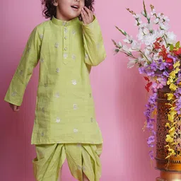 Little Bansi Boys Floral Embroidered Mandarin Collar Cotton Silk Kurta With Dhoti Pants-49