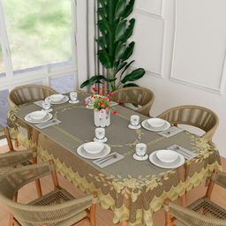 Aura Cream-Coloured Floral Anti-Skid Plastic 6-Seater Table Cover-image-70