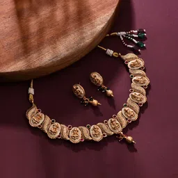 Anvik Gold-Plated Stone Studded And Beaded Goddess Laxmi Necklace And Earrings-18
