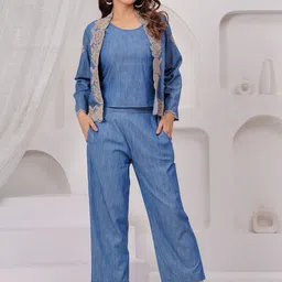 FREYAA Embroidered Pure Cotton Top With Trousers & Jacket Co-Ords-picture-18