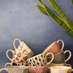WEAVING HOMES Cream-Coloured & Red Printed Ceramic Glossy Cups Set of Cups and Mugs image 4