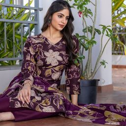 HERE&NOW Women Floral Printed Regular Kurta with Trousers & With Dupatta-image-81