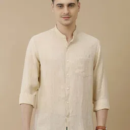 Linen Club Men Contemporary Slim Fit Band Collar Solid Casual Shirt-picture-0