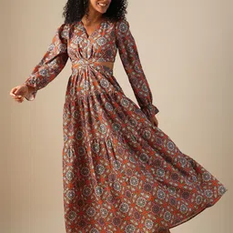 Globus V-Neck Bishop Sleeves Ethnic Printed Cut-Out Detail Fit & Flare Fusion Maxi Dress-image-34