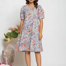 krambica Women Floral Print V-Neck Puff Sleeves A-Line Maxi Dress-picture-14