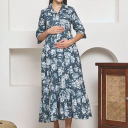 Frempy Floral Print Organic Cotton Maternity A-Line Maxi Dress-picture-4