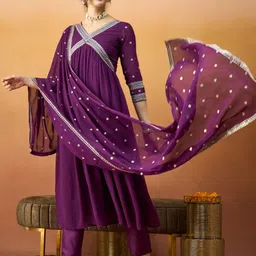TextileNow Ethnic Motifs Embroidered Georgette A-Line Kurta With Trousers & Dupatta-image-2