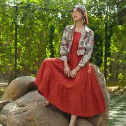 Rain & Rainbow Pure Cotton Fit & Flare Midi Dress with Jacket-image-44