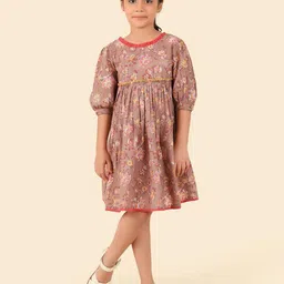 Fabindia Girls Floral Printed Cuffed Sleeves Cotton Fit & Flare Dress-picture-31