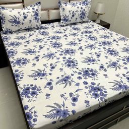 Pure Decor Blue & Off White Floral 350 TC Queen Bedsheet with 2 Pillow Covers-image-91