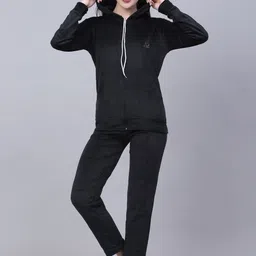 Trend Level Women Black Solid Hooded Sweatshirt With Trousers-picture-46