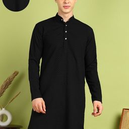 PulseIQ Geometric Woven Design Mandarin Collar Cotton Straight Kurta-image-90