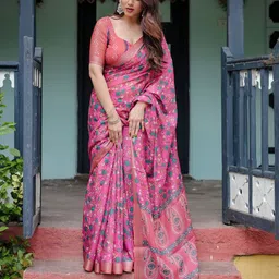ALMAARI FASHION Floral Printed Zari Pure Linen Banarasi Saree-picture-8