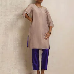 trueBrowns Round Neck Slit Sleeves Tunic With Trousers-image-35
