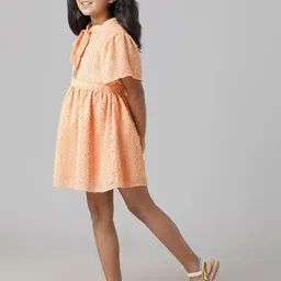 UNDER FOURTEEN ONLY Girls Self Design Tie-Up Neck Fit and Flare Above Knee Dress image 2