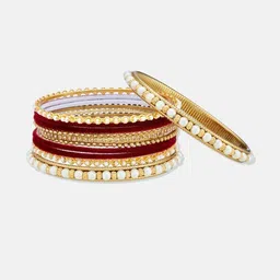 Anouk Set of 22 Gold Plated & Maroon-White Stone Studded-Textured Bangles image 2