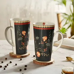 India Circus Black & White 2 Pieces Floral Printed Ceramic Mugs 600ml-20