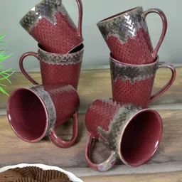FABINALIV Maroon & Grey Handcrafted Textured Ceramic Glossy Mugs Set of Cups and Mugs-19