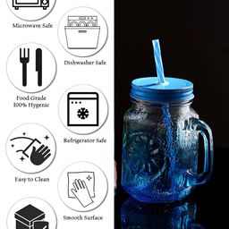 Aura Set of Blue Coloured Mason Jar With Metal Lid & Straw 480 ml Each image 4