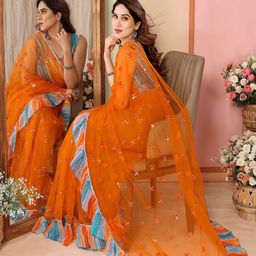 CATCHY FOREVER Embellished Mirror Work Net Saree image 4