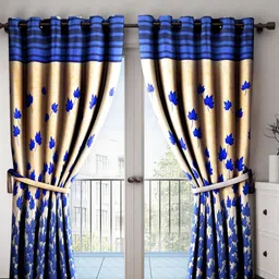 Aura Blue & Cream-Coloured 2 Pieces Floral Printed Door Curtains-image-8