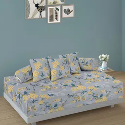 Arrabi 6Pcs Blue & Yellow Floral Printed Skin-Friendly Superfine Quality Diwan Set-37