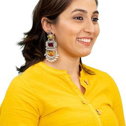 Shining Jewel - By Shivansh Silver-Plated Artificial Stones Studded & Beaded Drop Earrings-43