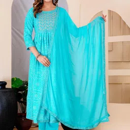 HERE&NOW Women Ethnic Motifs Embroidered Pleated Sequinned Kurta & Trousers With Dupatta-image-25