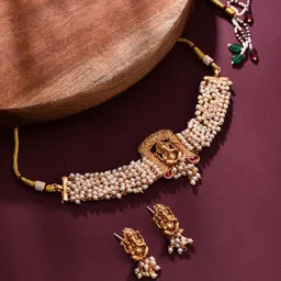Anvik Gold-Plated Artificial Stones Studded And Beaded Temple Neckless And Earrings-4