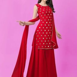 PARROT CREATION Geometric Embroidered Sequinned Georgette Kurti with Sharara And Dupatta-image-2