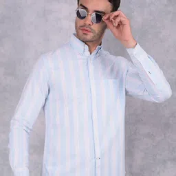 Crimsoune Club Men Smart Button-Down Collar Vertical Striped Cotton Slim Fit Casual Shirt-image-67