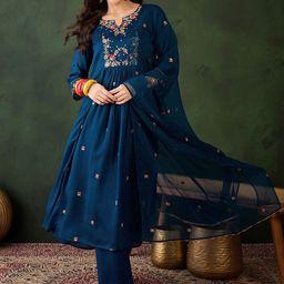 Sangria Floral Embroidered A-Line Kurta & Trousers With Dupatta-picture-33
