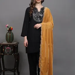 Exotic India Floral Embroidered Velvet Dupatta with Bead Work From Amritsar-image-4