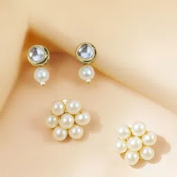 MANSIYAORANGE Set Of 2 22K Gold Plated Kundan Studded & Pearls Beaded Circular Studs-picture-4