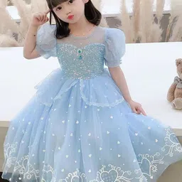 YK Girls Self Design Embellished Puff Sleeve Fit & Flare Dress-image-74