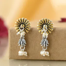 Voylla Qasbah Suman Silver-Plated Beaded Contemporary Oxidised Drop Earrings-35