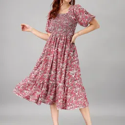 Raiyani Fashion Floral Print Puff Sleeve Applique Fit & Flare Midi Dress-picture-39