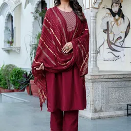 KALINI Ethnic Motifs Embroidered Pleated Kurta with Trouser & Dupatta-35